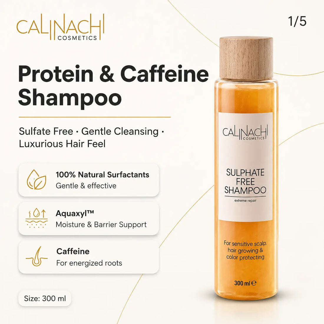 Protein &amp; Caffeine Scalp and Hair Shampoo, Sulfate-free, 300ml. haircare CALINACHI Cosmetics