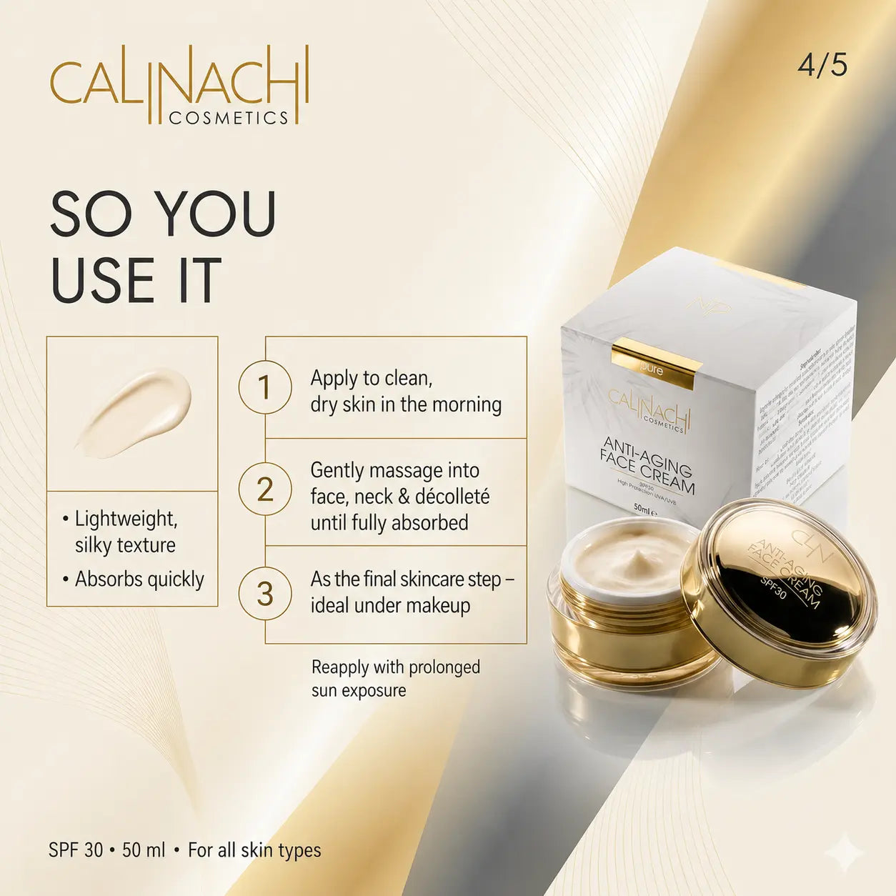 Anti-aging Day Face Cream for Face, Neck, and Décolletage, SPF30, 50ml. skincare CALINACHI Cosmetics